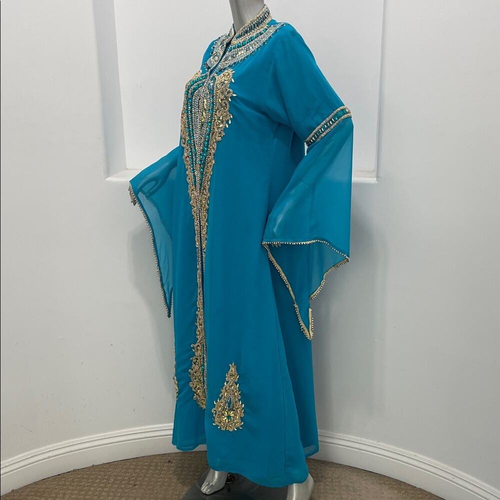 Moroccan Kaftan Maxi Dress Turquoise Hand Beaded Dubai Style Long Sleeve Formal - Picture 6 of 16